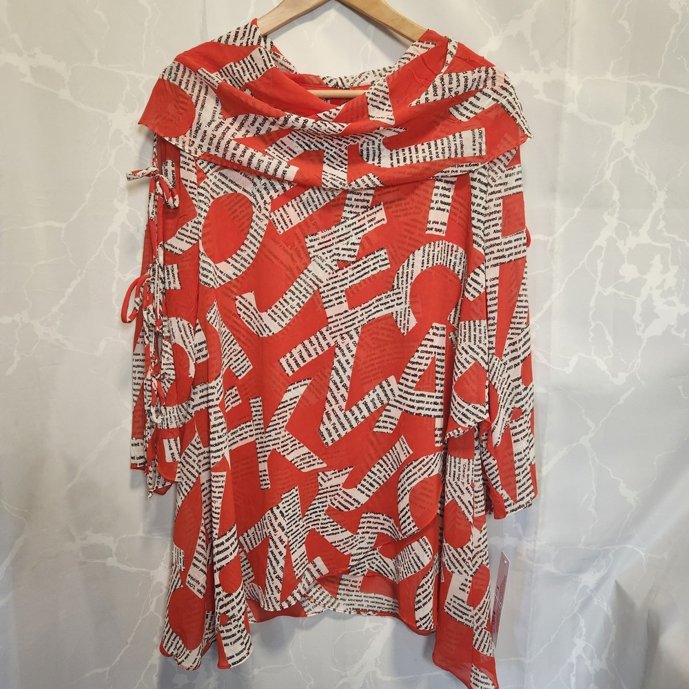 IC By Connie K Tunic Pullover Women's S Tie Sleeves Asymmetrical Newspaper Print